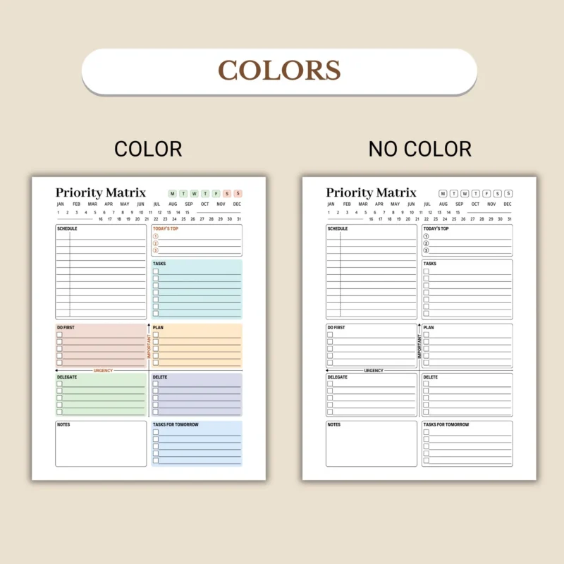 Priority Matrix Planner available in colorful and ink-friendly black-and-white