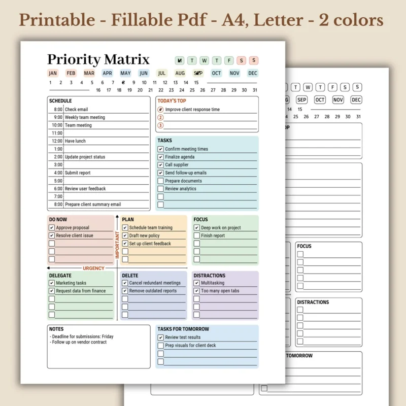 Priority Matrix Planner, Minimalist Daily Urgent-Important Tracker, Printable Productivity Grid