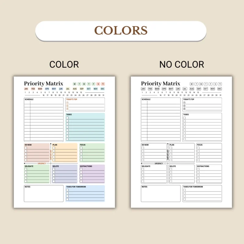 Priority Matrix Digital Planner available in colorful and ink-friendly black-and-white
