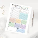 Daily productivity worksheet with a schedule, top priorities, and a time management matrix in a clean, color-coded design