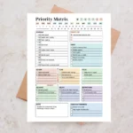 Example of a Priority Matrix Digital Planner with checked-off tasks, do now, plan, delegate, delete, focus, distractions, and notes