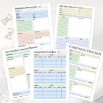 A comprehensive collection of 10 professional business planner templates including project trackers, goal plans, and meeting minutes in a minimalist color-coded design.