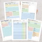 Digital fillable business management bundle displayed as a set of A4 and Letter size pages for tracking marketing campaigns, product launches, and daily work tasks.