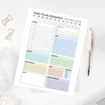 A professional daily work organizer template with color-coded sections for schedules, top priorities, meetings, and call logs