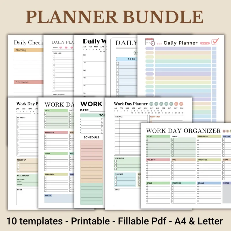 Professional Daily Work Planner Bundle, Ultimate Office Productivity Kit, 10-In-1 Business Organizer PDF