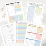 Flat lay mockup of multiple productivity templates including daily priorities, task trackers, and work organizers in professional pastel tones