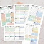 A diverse bundle of professional work day planners and checklists featuring various minimalist layouts and color schemes
