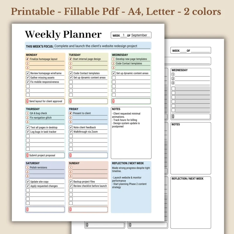 Professional Weekly Focus Planner, Aesthetic 7-Day Productivity Tracker, Business Goal Setting PDF