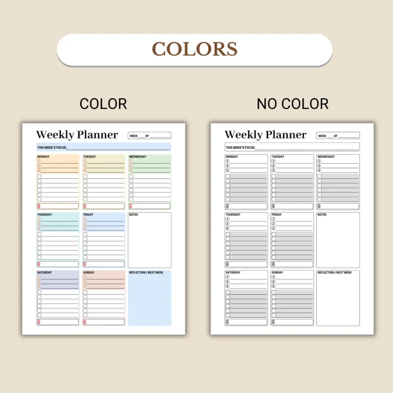 Weekly planner available in colorful and ink-friendly black-and-white