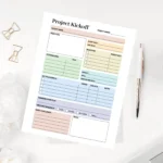 Minimalist business project startup template displayed as a clean, color-coded PDF with tracking for project milestones and risk assessment.