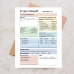 Example of a Project Kickoff Digital Planner with checked-off tasks, project name, objective, milestone, skateholder, role, budget, kpi, notes