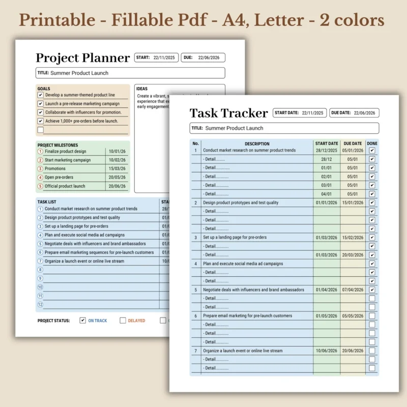 Project Planner and Task Tracker fillable printable pdf for work productivity