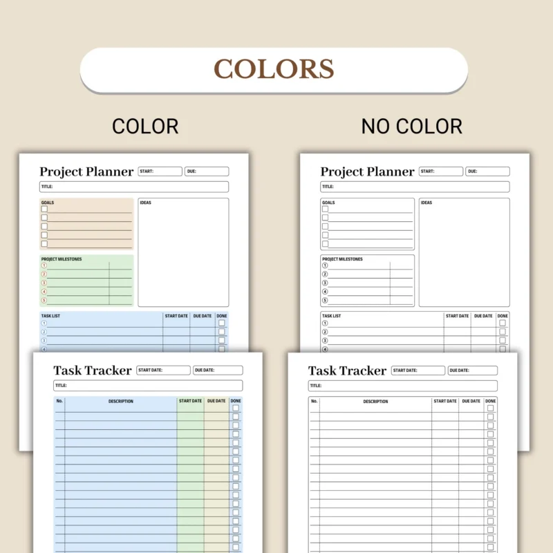 Project Planner and Task Tracker have two sizes: US letter & A4