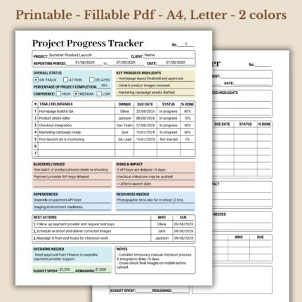 Project Progress Tracker Printable for Business Reporting and Workflow