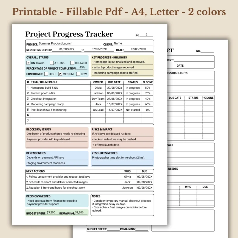 Project Progress Tracker Printable for Business Reporting and Workflow