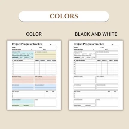 Project Progress Tracker available in colorful and ink-friendly black-and-white