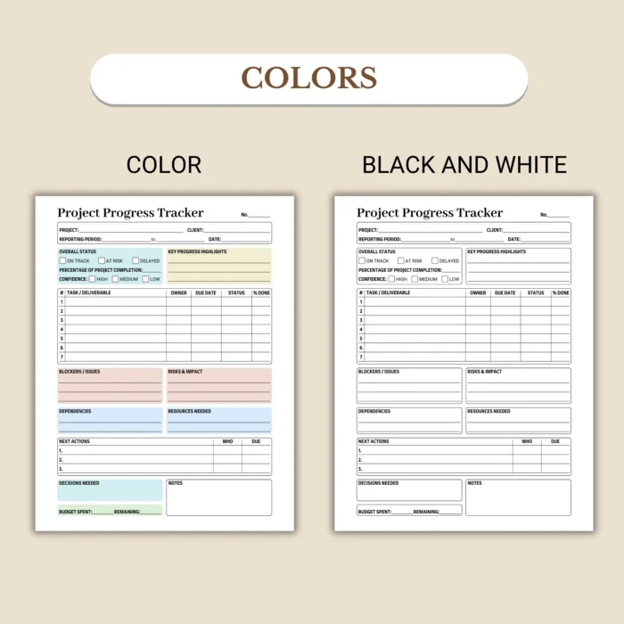 Project Progress Tracker Printable for Business Reporting and Workflow ...