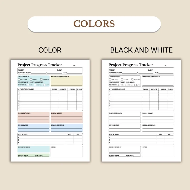 Project Progress Tracker available in colorful and ink-friendly black-and-white