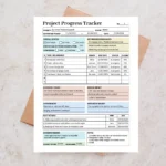 Sample Project Progress Tracker with pre-filled task deliverables, due dates, owner names, and completion percentages for client reporting.
