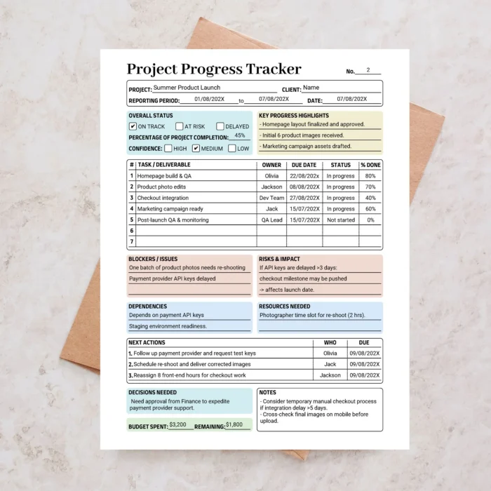Project Progress Tracker Printable for Business Reporting and Workflow ...