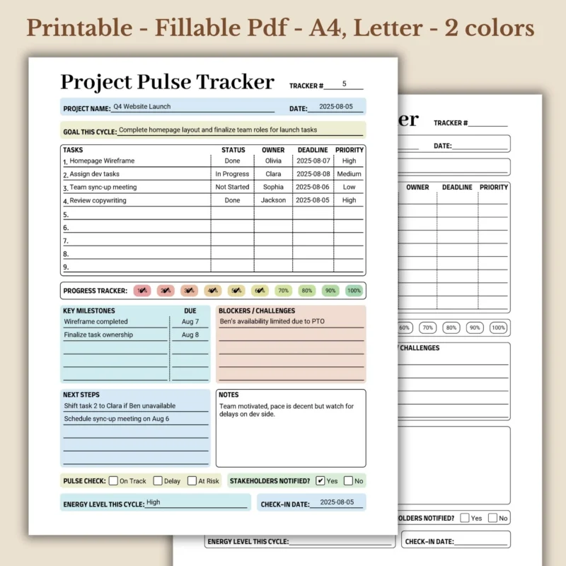 Project Pulse Tracker Printable for Efficient Team Task Management