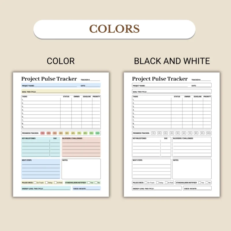 Project Pulse Tracker available in colorful and ink-friendly black-and-white