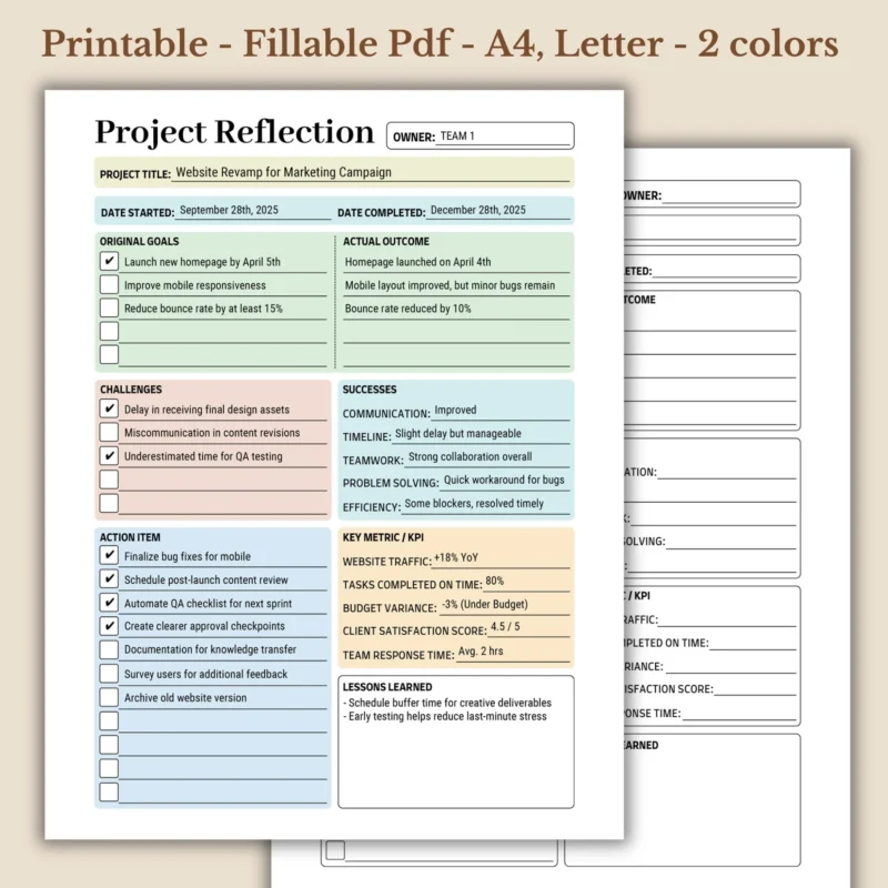Project Reflection fillable PDF for Professional Growth & Performance Review