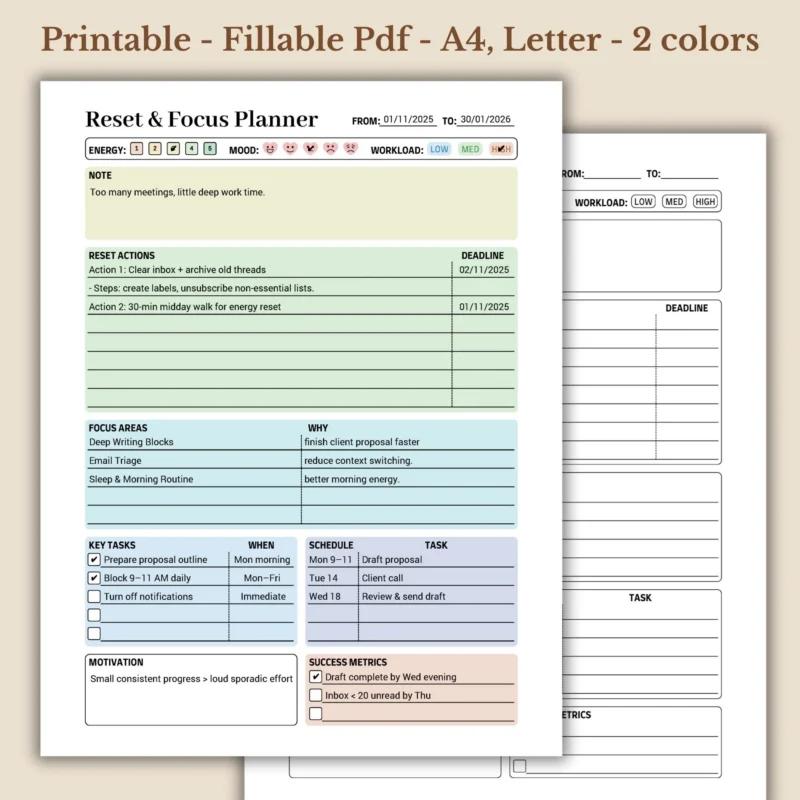Reset and Focus Planner Printable for Productivity and Workload Management