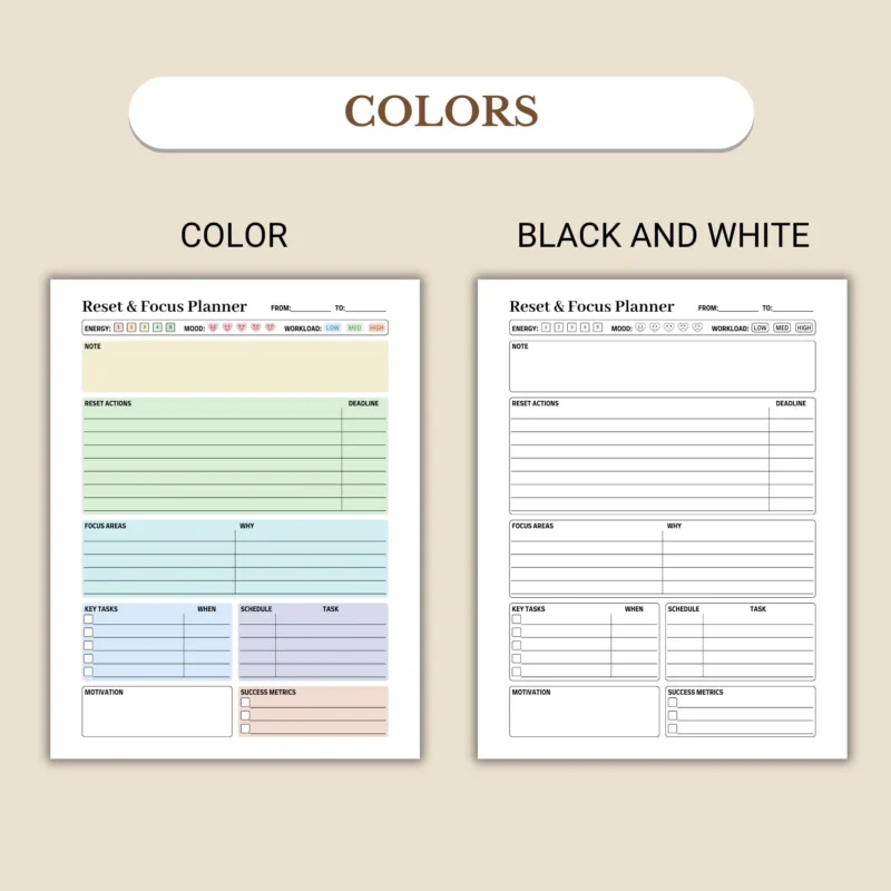 Reset and Focus Planner available in colorful and ink-friendly black-and-white