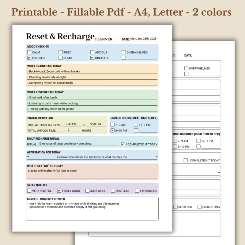 Reset and Recharge Planner Printable for Mental Wellness and Burnout Recovery