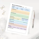 A clean wellness dashboard featuring color-coded sections for energy reflection, boundary setting, and mindful moment journaling.