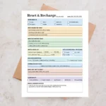 Sample Reset & Recharge Planner with pre-filled mood check-ins, daily recharge rituals, and digital detox time tracking.