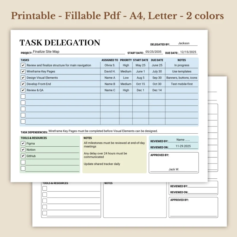 Task Delegation Fillable Business Assignment PDF, Team Project Management Log