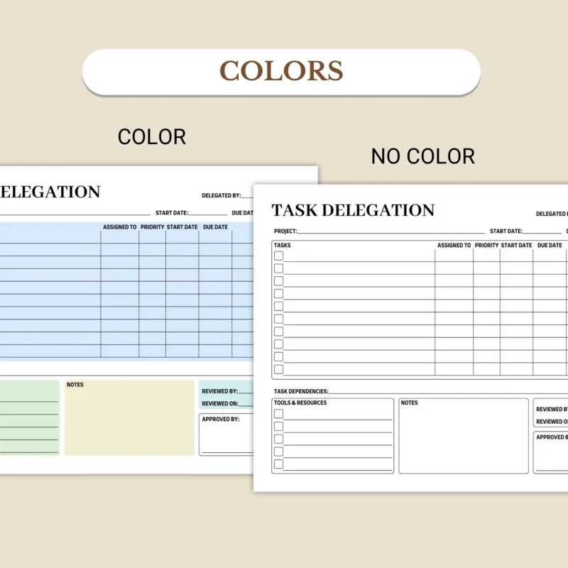 Task Delegation planner available in colorful and ink-friendly black-and-white
