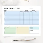 A professional task delegation template featuring a detailed table for tracking assigned team members, priority levels, and project due dates.