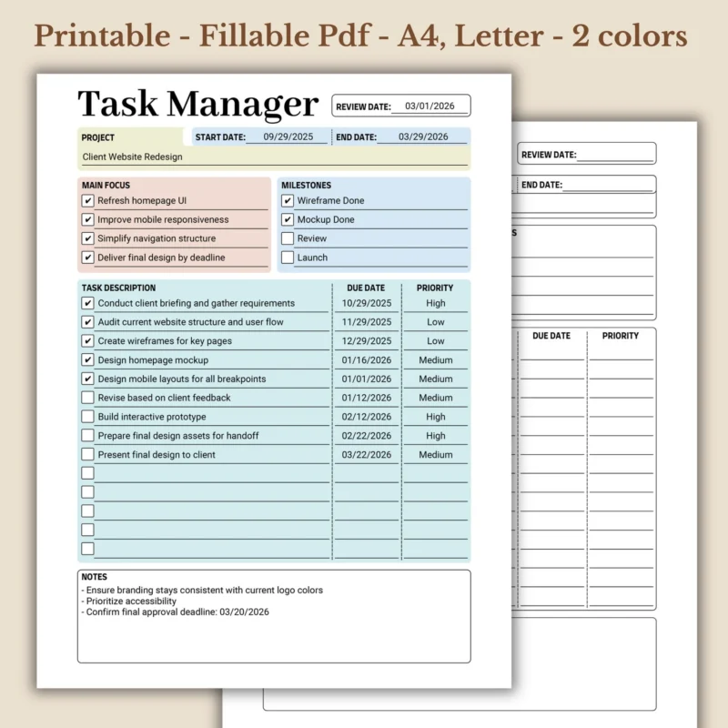 Task Manager printable project planner for work productivity