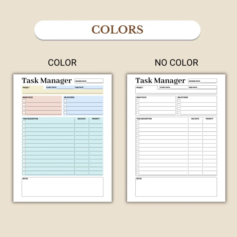 Task Manager available in colorful and ink-friendly black-and-white