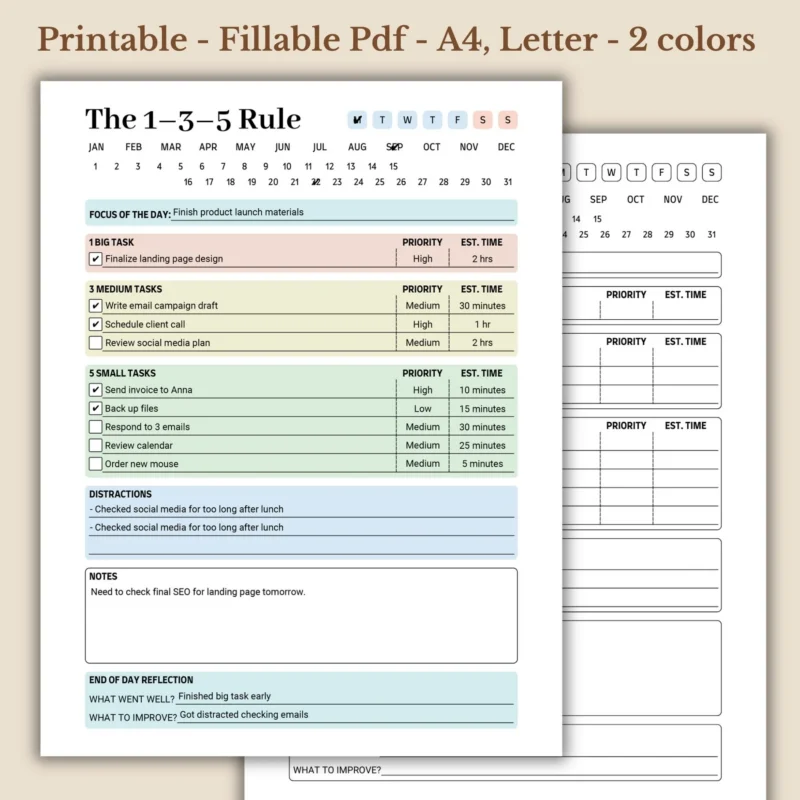 The 1-3-5 Rule Planner, Strategic Daily Task Prioritization, Fillable Productivity PDF
