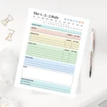 A minimalist 1-3-5 Rule planner template with color-coded sections for one big goal, three medium tasks, and five small daily items