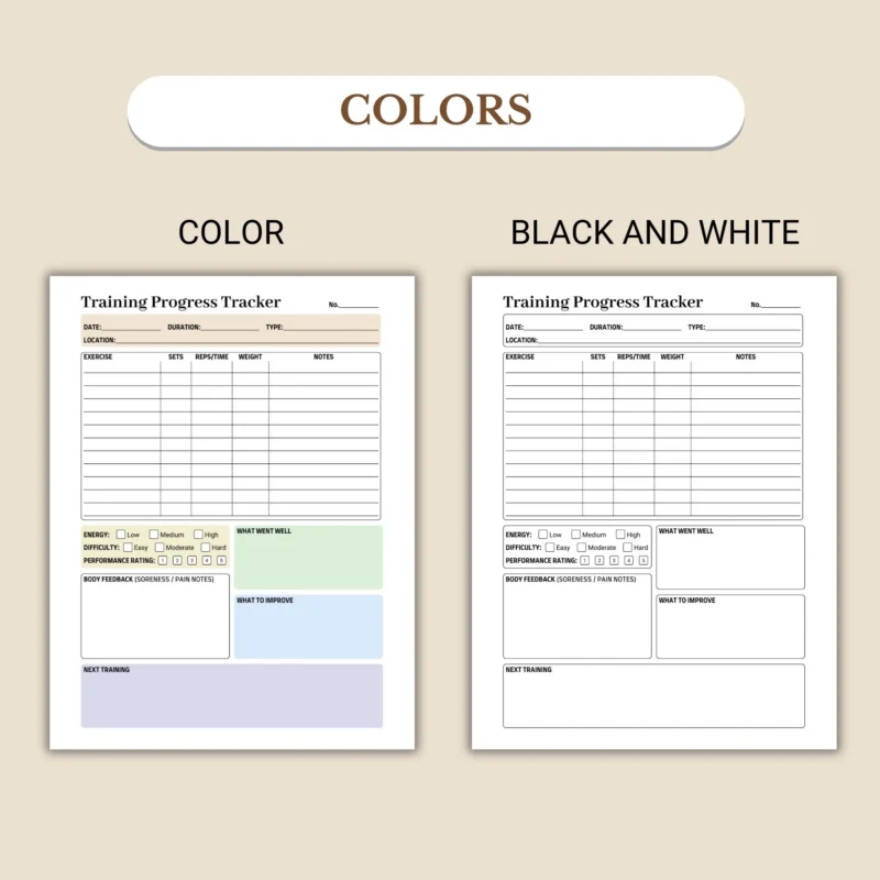 Training Progress Tracker available in colorful and ink-friendly black-and-white