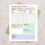 Sample Training Progress Tracker with pre-filled employee names, course modules, and completion status checkboxes.