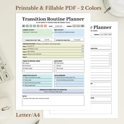 Transition Routine Planner Printable for Work-Life Balance and Decompression