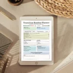 Sample Transition Routine Planner with pre-filled work shutdown steps, daily reflection notes, and evening decompression activities.