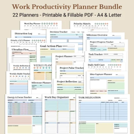 Ultimate Work Productivity Planner Bundle Printable Fillable PDF