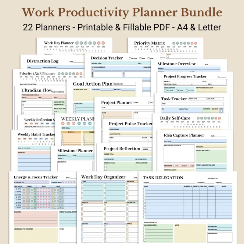 Ultimate Work Productivity Planner Bundle Printable Fillable PDF