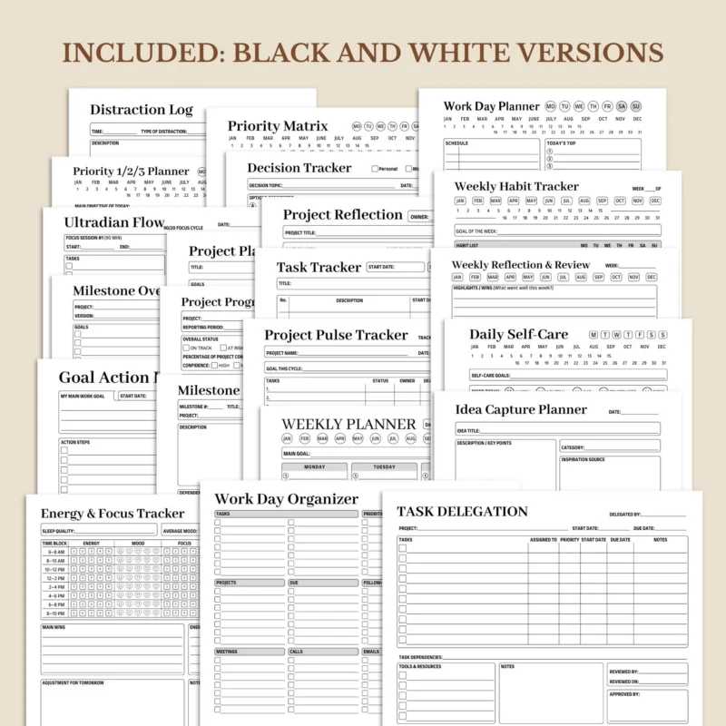 Ultimate Work Productivity Planner Bundle available in colorful and ink-friendly black-and-white