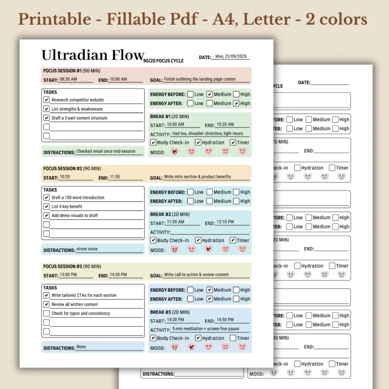Ultradian Flow 90-20 Focus Cycle Daily Productivity Planner