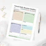 A clean minimalist routine dashboard featuring grid sections for visual task icons and a daily habit completion checklist.