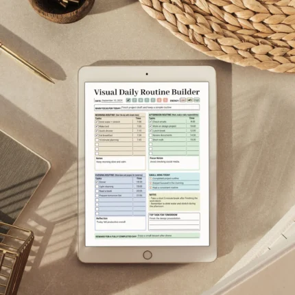 Sample Visual Daily Routine Builder with pre-filled morning and evening icon spaces for a child’s structured schedule.
