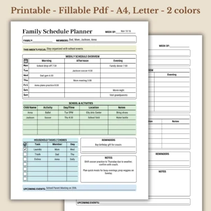 Weekly Family Schedule Printable for Household Organization and Chores